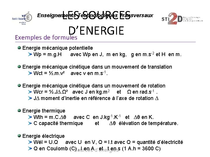 LES SOURCES D’ENERGIE Exemples de formules Enseignements Technologiques Transversaux Energie mécanique potentielle Wp =