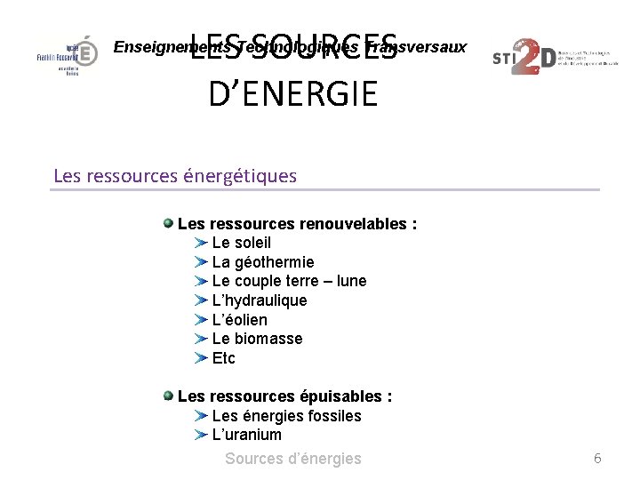 LES SOURCES D’ENERGIE Enseignements Technologiques Transversaux Les ressources énergétiques Les ressources renouvelables : Le