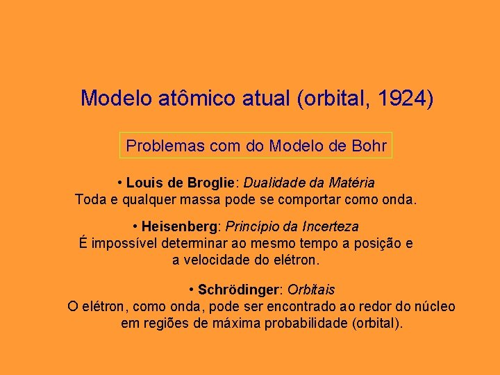 Modelo atômico atual (orbital, 1924) Problemas com do Modelo de Bohr • Louis de Modelo atômico atual (orbital, 1924) Problemas com do Modelo de Bohr • Louis de