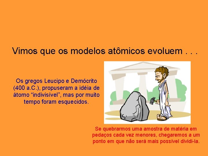 Vimos que os modelos atômicos evoluem. . . Os gregos Leucipo e Demócrito (400 Vimos que os modelos atômicos evoluem. . . Os gregos Leucipo e Demócrito (400
