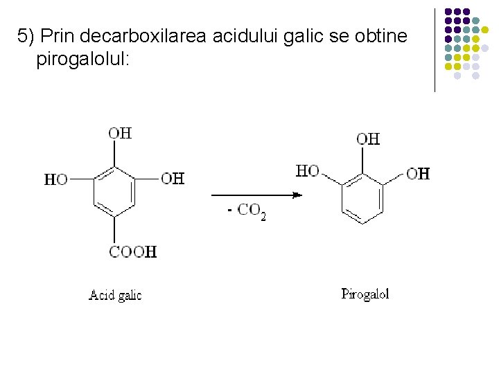 5) Prin decarboxilarea acidului galic se obtine pirogalolul: 