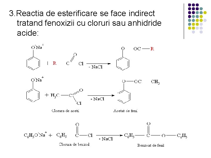 3. Reactia de esterificare se face indirect tratand fenoxizii cu cloruri sau anhidride acide: