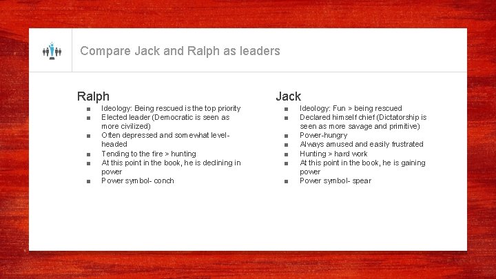 Compare Jack and Ralph as leaders Ralph ■ ■ ■ Ideology: Being rescued is Compare Jack and Ralph as leaders Ralph ■ ■ ■ Ideology: Being rescued is