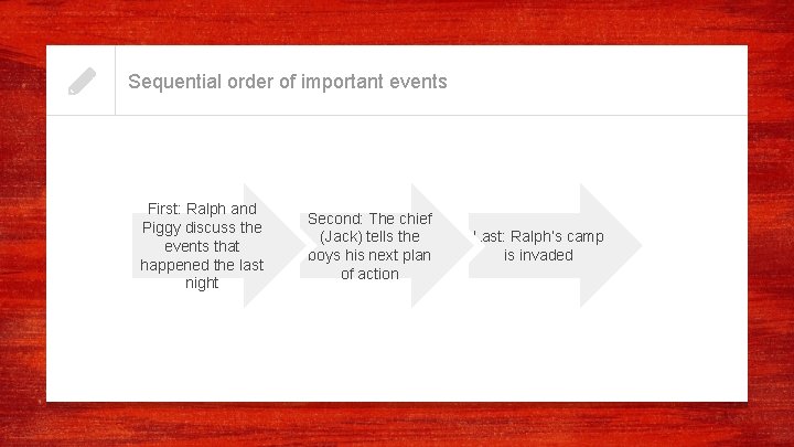 Sequential order of important events First: Ralph and Piggy discuss the events that happened Sequential order of important events First: Ralph and Piggy discuss the events that happened
