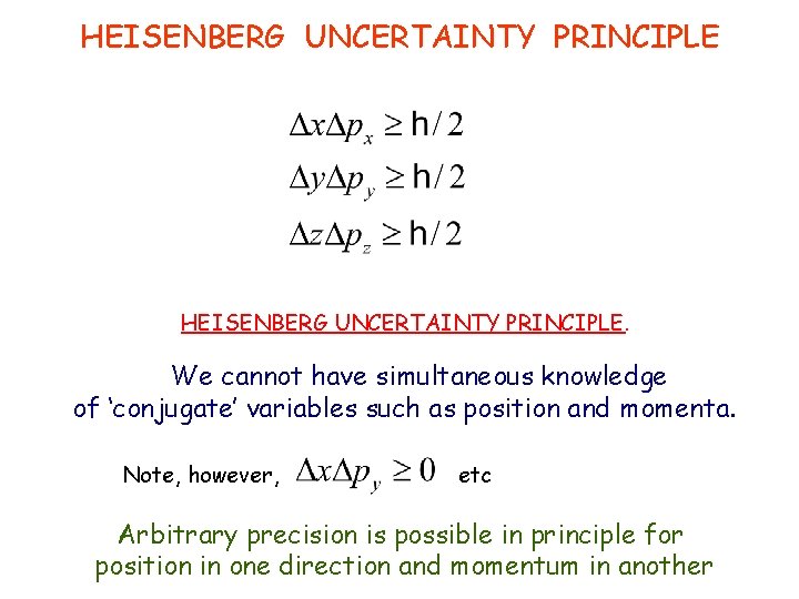 HEISENBERG UNCERTAINTY PRINCIPLE. We cannot have simultaneous knowledge of ‘conjugate’ variables such as position