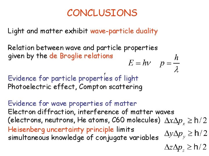 CONCLUSIONS Light and matter exhibit wave-particle duality Relation between wave and particle properties given