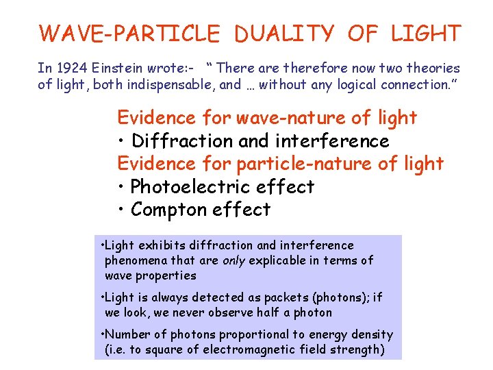 WAVE-PARTICLE DUALITY OF LIGHT In 1924 Einstein wrote: - “ There are therefore now