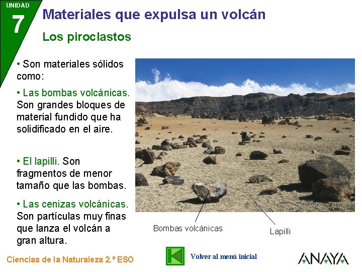 UNIDAD 7 3 Materiales que expulsa un volcán Los piroclastos • Son materiales sólidos