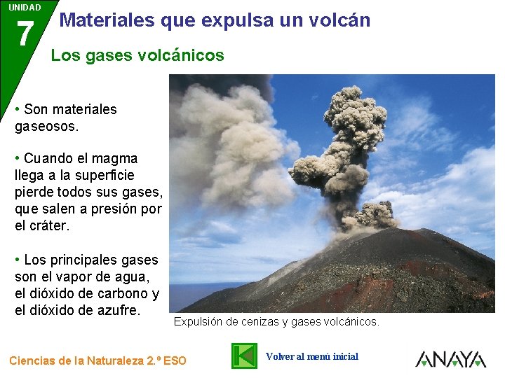 UNIDAD 7 3 Materiales que expulsa un volcán Los gases volcánicos • Son materiales