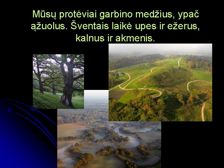 Mūsų protėviai garbino medžius, ypač ąžuolus. Šventais laikė upes ir ežerus, kalnus ir akmenis.