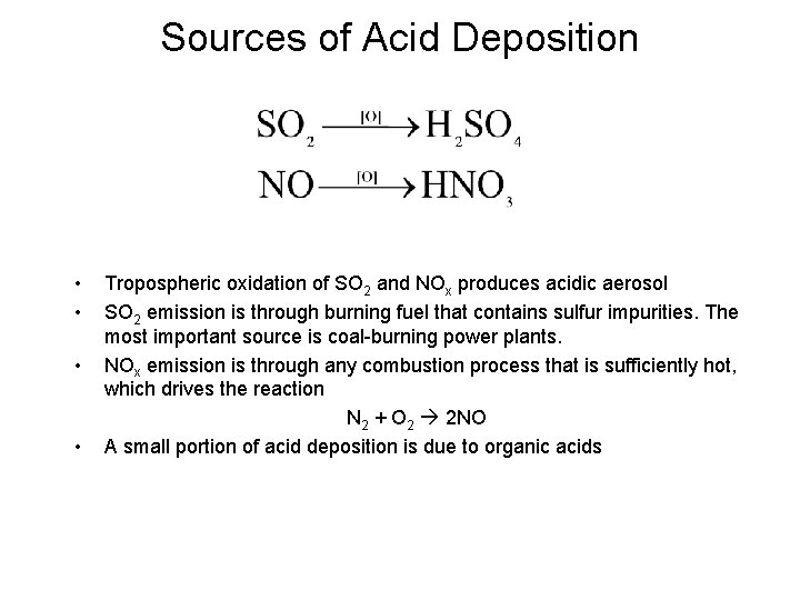 Sources of Acid Deposition • • Tropospheric oxidation of SO 2 and NOx produces