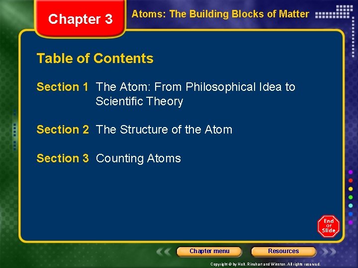 Chapter 3 Atoms: The Building Blocks of Matter Table of Contents Section 1 The