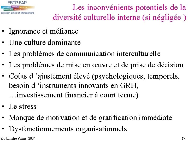 Les inconvénients potentiels de la diversité culturelle interne (si négligée ) • • Les inconvénients potentiels de la diversité culturelle interne (si négligée ) • •