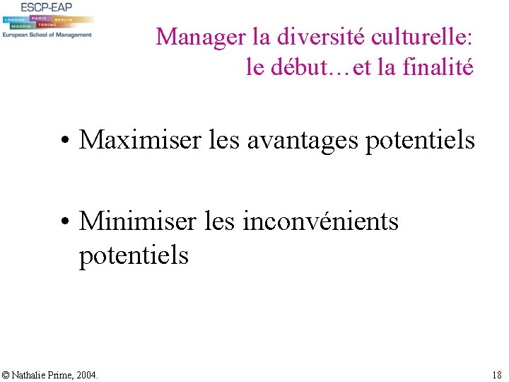 Manager la diversité culturelle: le début…et la finalité • Maximiser les avantages potentiels • Manager la diversité culturelle: le début…et la finalité • Maximiser les avantages potentiels •