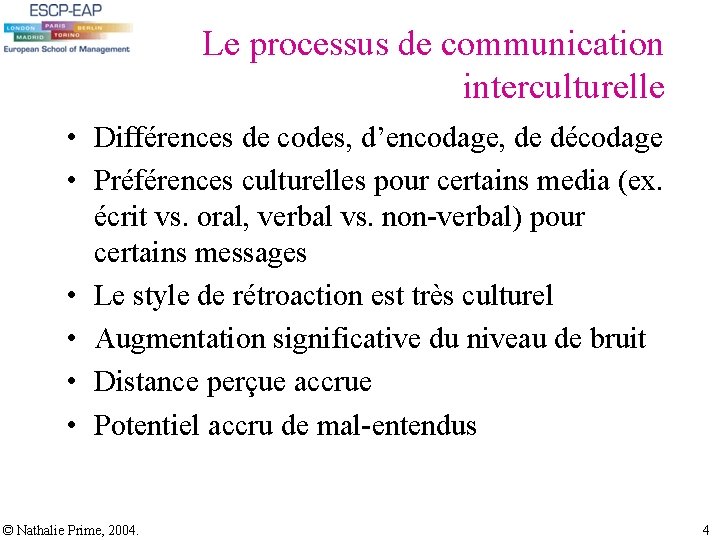 Le processus de communication interculturelle • Différences de codes, d’encodage, de décodage • Préférences Le processus de communication interculturelle • Différences de codes, d’encodage, de décodage • Préférences
