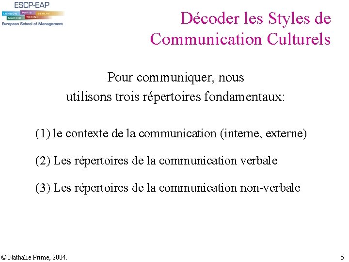 Décoder les Styles de Communication Culturels Pour communiquer, nous utilisons trois répertoires fondamentaux: (1) Décoder les Styles de Communication Culturels Pour communiquer, nous utilisons trois répertoires fondamentaux: (1)