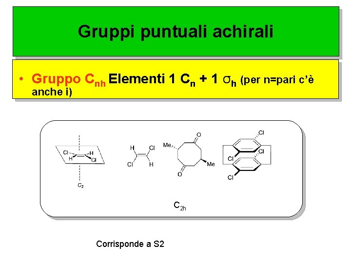 Gruppi puntuali achirali • Gruppo Cnh Elementi 1 Cn + 1 σh (per n=pari