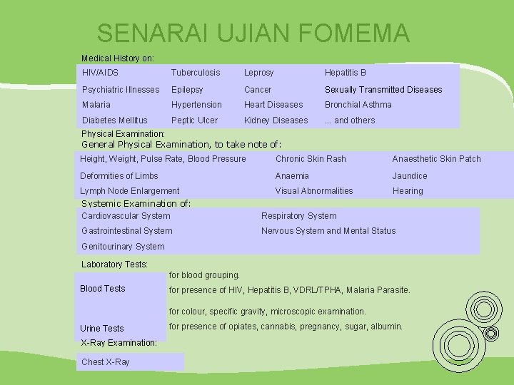 SENARAI UJIAN FOMEMA Medical History on: HIV/AIDS Tuberculosis Leprosy Hepatitis B Psychiatric Illnesses Epilepsy