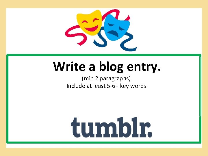 Write a blog entry. (min 2 paragraphs). Include at least 5 -6+ key words.