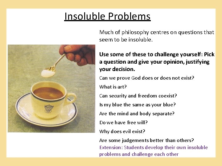 Insoluble Problems Much of philosophy centres on questions that seem to be insoluble. Use