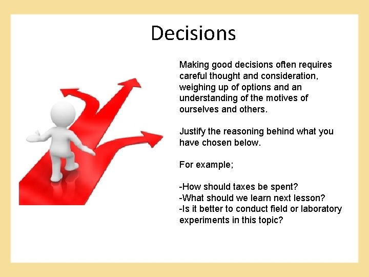 Decisions Making good decisions often requires careful thought and consideration, weighing up of options