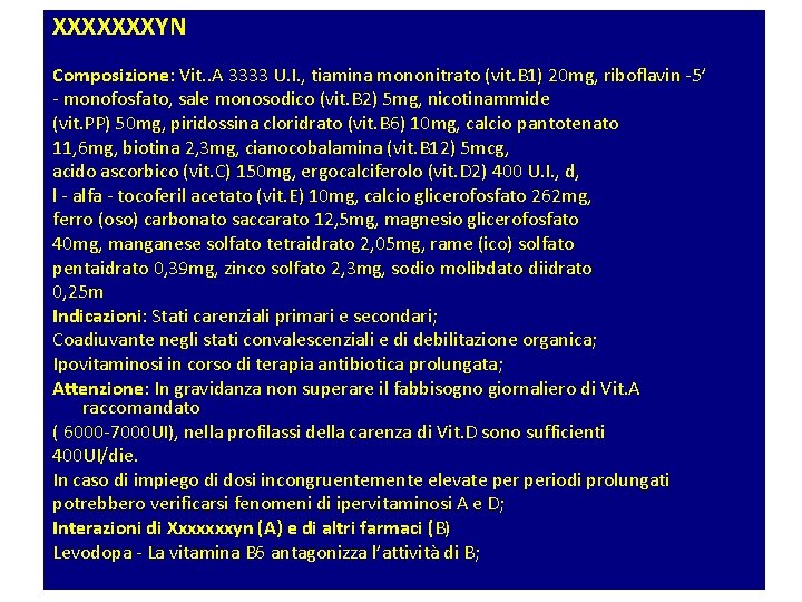 XXXXXXXYN Composizione: Vit. . A 3333 U. I. , tiamina mononitrato (vit. B 1)