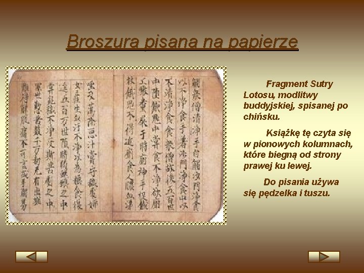 Broszura pisana na papierze Fragment Sutry Lotosu, modlitwy buddyjskiej, spisanej po chińsku. Książkę tę