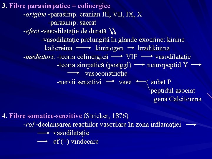 3. Fibre parasimpatice = colinergice -origine -parasimp. cranian III, VII, IX, X -parasimp. sacrat