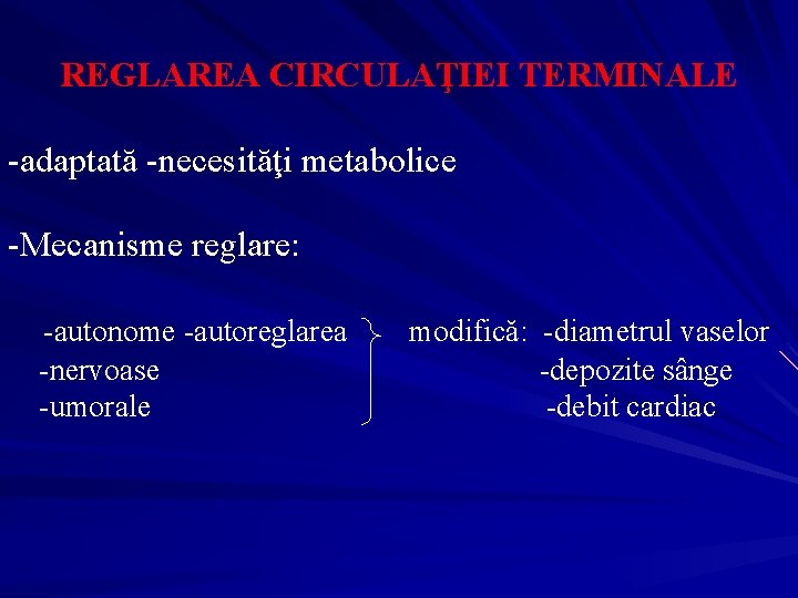 REGLAREA CIRCULAŢIEI TERMINALE -adaptată -necesităţi metabolice -Mecanisme reglare: -autonome -autoreglarea -nervoase -umorale modifică: -diametrul