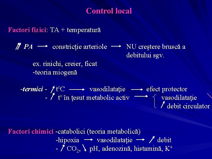 Control local Factori fizici: TA + temperatură PA constricţie arteriole NU creştere bruscă a