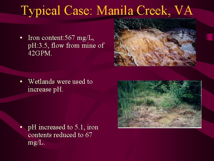 Typical Case: Manila Creek, VA • Iron content: 567 mg/L, p. H: 3. 5,