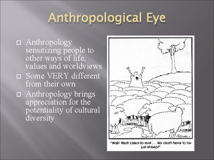 Anthropological Eye Anthropology sensitizing people to other ways of life, values and worldviews Some