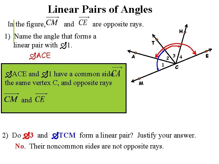 Linear Pairs of Angles In the figure, and are opposite rays. 1) Name the