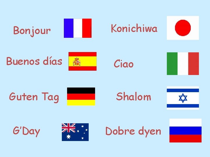 Bonjour Buenos días Guten Tag G’Day Konichiwa Ciao Shalom Dobre dyen 