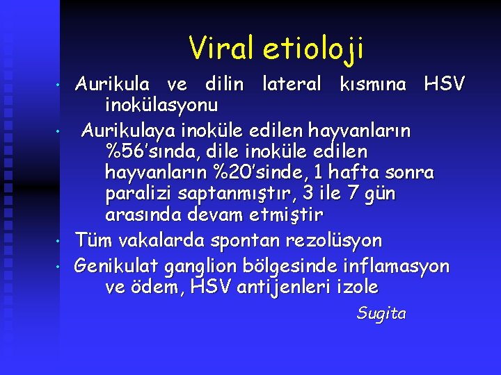 Viral etioloji • • Aurikula ve dilin lateral kısmına HSV inokülasyonu Aurikulaya inoküle edilen