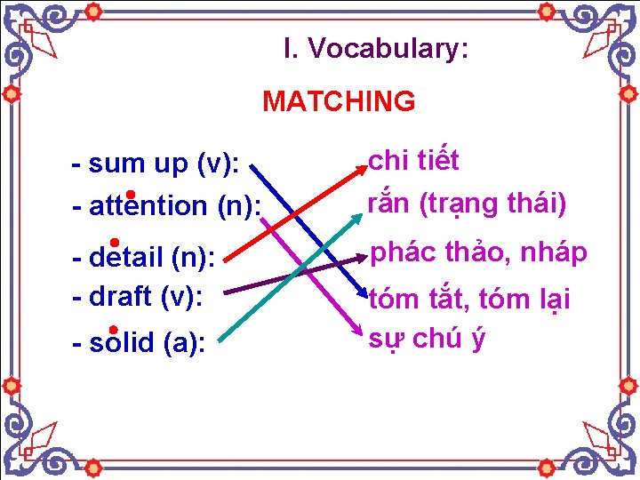 I. Vocabulary: MATCHING - sum up (v): - attention (n): chi tiết rắn (trạng
