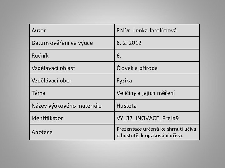 Autor RNDr. Lenka Jarolímová Datum ověření ve výuce 6. 2. 2012 Ročník 6. Vzdělávací