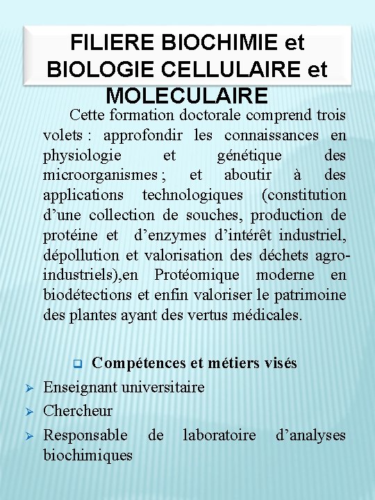 FILIERE BIOCHIMIE et BIOLOGIE CELLULAIRE et MOLECULAIRE Cette formation doctorale comprend trois volets :