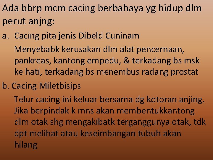 Ada bbrp mcm cacing berbahaya yg hidup dlm perut anjng: a. Cacing pita jenis