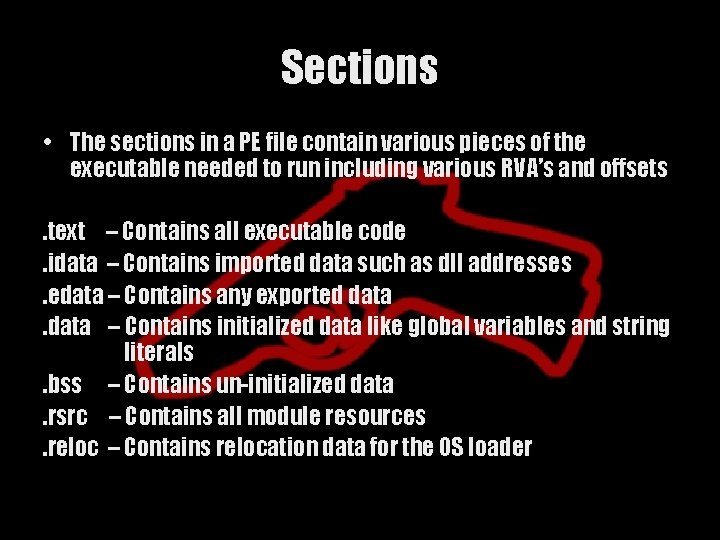 Sections • The sections in a PE file contain various pieces of the executable