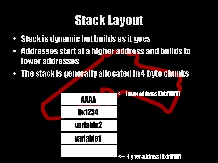 Stack Layout • Stack is dynamic but builds as it goes • Addresses start