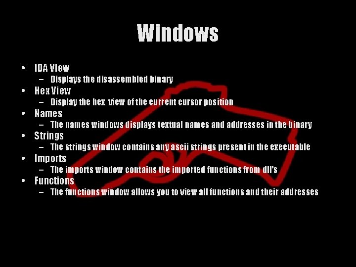 Windows • IDA View – Displays the disassembled binary • Hex View – Display