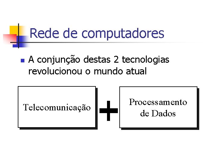 Rede de computadores n A conjunção destas 2 tecnologias revolucionou o mundo atual Telecomunicação