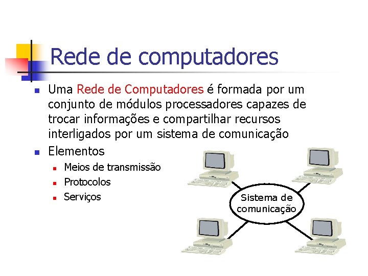 Rede de computadores n n Uma Rede de Computadores é formada por um conjunto