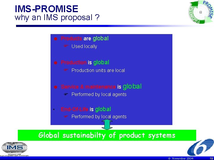 IMS-PROMISE why an IMS proposal ? = Products are global F Used locally =