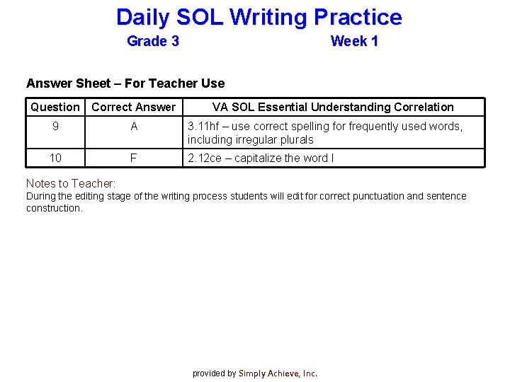 Daily SOL Writing Practice Grade 3 Week 1 Answer Sheet – For Teacher Use