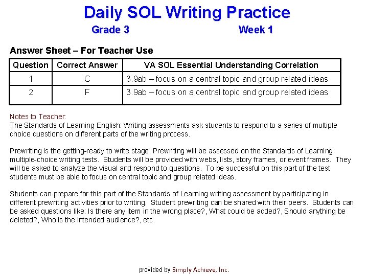 Daily SOL Writing Practice Grade 3 Week 1 Answer Sheet – For Teacher Use