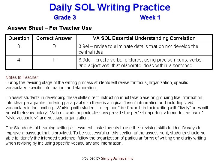 Daily SOL Writing Practice Grade 3 Week 1 Answer Sheet – For Teacher Use