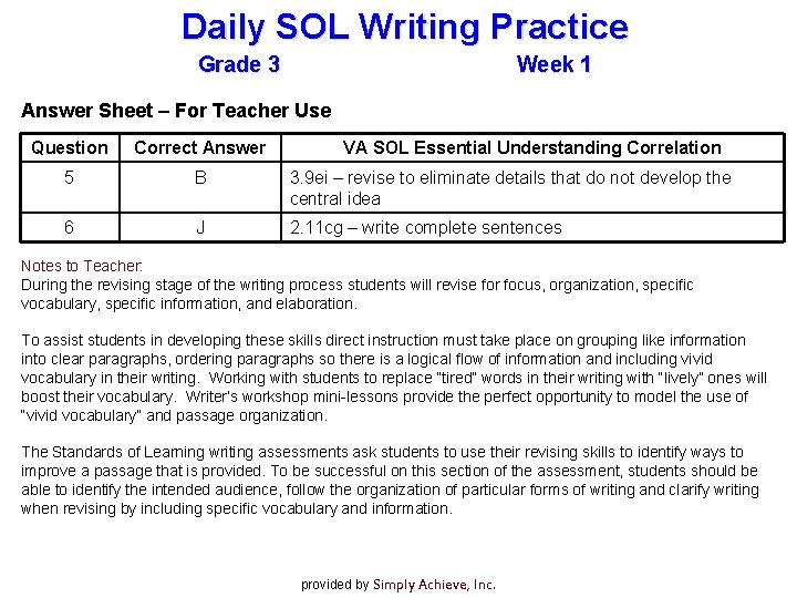 Daily SOL Writing Practice Grade 3 Week 1 Answer Sheet – For Teacher Use