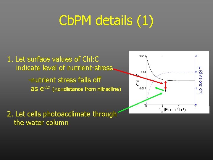 Cb. PM details (1) 2. Let cells photoacclimate through the water column Chl :